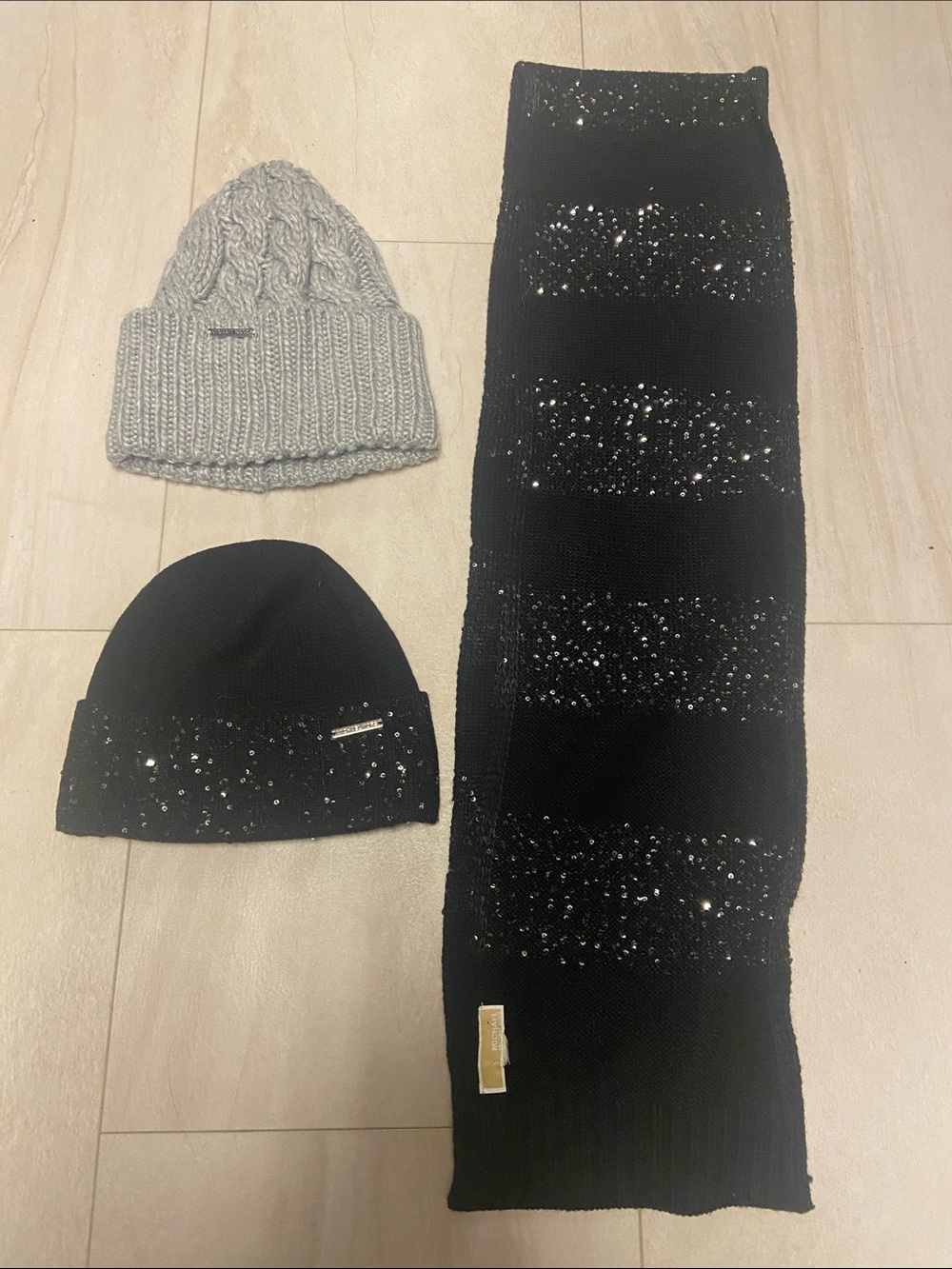 Micheal Kors sequin knit scarf and matching Beanie. Grey cable knit beanie